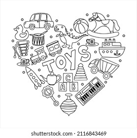 Vector toys doodle heart. Hand draw collection of toys icons for baby shower or scrapbook. Cute illustration for children