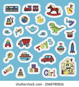 Vector toys doodle stickers set. Hand draw collection of toys icons for baby shower or scrapbook. Cute illustration for children