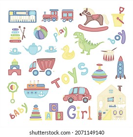 Paquetes de juguetes vectores pegados. Colección de dibujos a mano de iconos de juguetes para la ducha de bebé o el libro de recortes. Ilustración corta para niños
