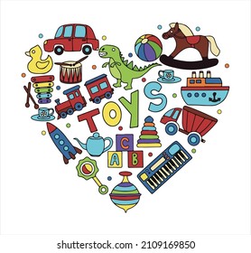 Vector toys doodle stickers set. Hand draw collection of toys icons for baby shower or scrapbook. Cute illustration for children