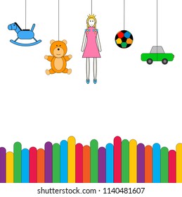 vector of toys kid hanging above colorful fence, on white background