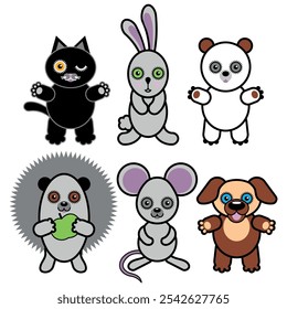 Brinquedos vetoriais montam Bear Cat Bunny Mouse Hedgehog dos anos 90.