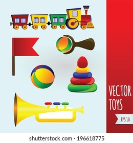 Vector toys set with train, flag, horn, pyramid, ball and beanbag