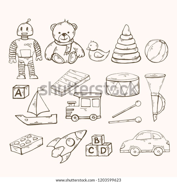 Vector toys set.Children toys collection with robot,\
duck, pyramid, drum, musical instrument, pipe, machine, train,\
rocket, cubes,xylophone isolated on a white background.Funny kids\
game.Play set.