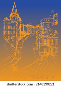 Vektorgrafik von handgezeichneter Skizze der Architektur urbane Landschaft, eine alte Gebäude auf der alten Straße in Kiew, Ukraine. Blaue goldene Doodle auf blauem und gelbem Hintergrund 