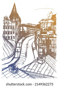 Vector trace of hand drawn sketch of architecture urban skyline, an ancient buildings on the old street in Kyiv, Ukraine. Blue gold doodle drawing on a white background 