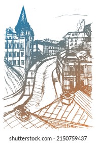 Vector trace of hand drawn sketch of architecture urban skyline, an ancient buildings on the old street in Kyiv, Ukraine. Blue gold doodle drawing on a white background 