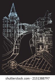 Vector trace of hand drawn sketch of architecture urban skyline, ancient buildings on the old street in Kyiv, Ukraine. Blue gold doodle drawing on a black background 