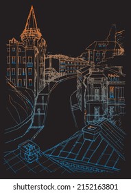 Vector trace of hand drawn sketch of architecture urban skyline, ancient buildings on the old street in Kyiv, Ukraine. Blue gold doodle drawing on a black background 