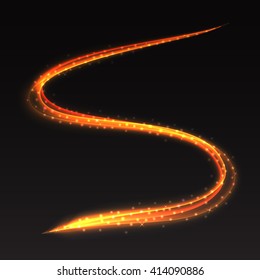 Vector trace of light on black background. Flash of glowing sparks, glowing line of flight, magical glowing stars. Blurred lines neon effect, glow dust. 