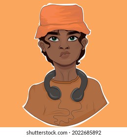 Vector trace of young afro guy wearing orange hat, orange shirt, and headset on his neck. Can be use for avatar.