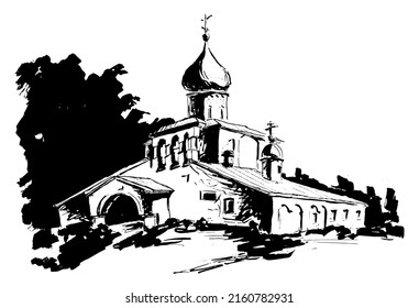 Vector traced Black and white architectural landscape, drawn by ink, pen and brush, medieval church with belfry wall in Russia 
