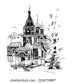 Vector traced black and white hand drawn landscape with the ancient church in the Naryshkin Baroque style in the city of Uglich, Russia