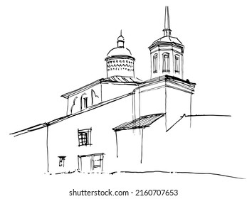 Tinta negra y blanca trazada por vectores y paisaje arquitectónico dibujado a mano por pluma, iglesia medieval con campanario en Rusia 