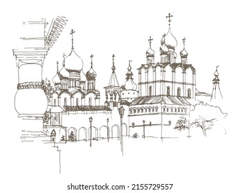 Vector traced brown ink and pen hand drawn landscape with architectural ensemble of the Rostov Kremlin, Russia