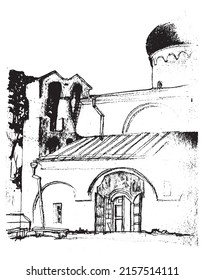 Vector traced drawn by pencil landscape sketch with the ancient church in Mirozhskiy monastery in Pskov
