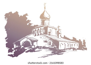 Vector traced gold colored architectural landscape, medieval church with belfry wall in Russia 