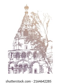 Vector traced gold colored architectural sketch of ancient bell tower, with traditional hipped roof, tiered dormer windows, barrel-column arcade, in the city of Yaroslavl, Russia 