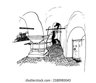 Vector traced hand drawn architectural sketch of ancient orthodox church open gallery with vaults, arches, faceted columns, paved brick floor