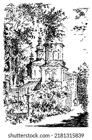 Vector traced hand drawn black and white landscape sketch, ancient bell tower and the church of Elijah in the city of Chernihiv
