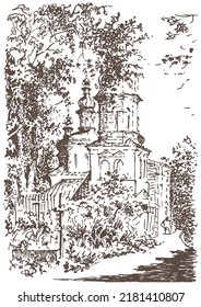 Vector traced hand drawn brown colored landscape sketch, ancient bell tower and the church 