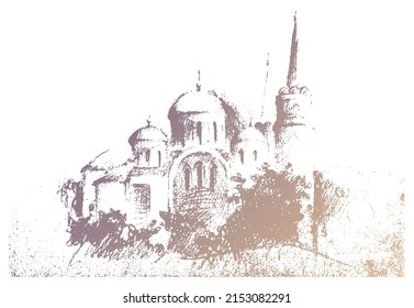 Vector Traced Hand Drawn Landscape Pencil Sketch, Cathedral Of The Transfiguration Medieval Building In Chernihiv. Gold Gradienr Sketch On A White Background