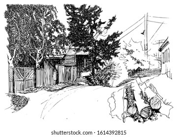Vector traced hand drawn sketch of small town street with old wooden house, bar , folded felled logs, ancient building in Ukraine architecture style. Ink and pen doodle, Black and white illustration
