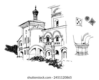 Vector traced hand drawn sketch with architectural details, Church from17th century in the city of Yaroslavl, Russia 