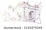 Vector traced hand drawn vintage landscape ink and pen sketch. Ancient remains and ruins of the Genoese fortress in the city of Anapa, Russia