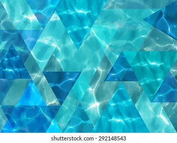 Vector traced illustration of shiny blue ocean water with unusual triangles. Tropical image. Illustration can be used for web design, textures, summer posters, trip and vacations cards design.