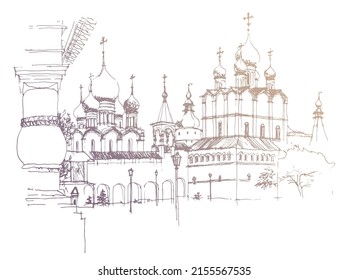 Vektorgrafik und handgezeichnete Landschaft mit architektonischem Ensemble des Rostower Kremls, Russland. goldene Skizze auf weißem Hintergrund