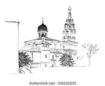 Vector traced linear sketch, a church in the ancient Russian style with onion dome and a bell tower with a hipped roof. Vintage black Ink and pen hand drawn landscape