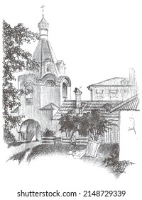 Vector traced pencil hand drawn landscape sketch with the ancient church in traditional architectural Russian style in the town of Pskov, Russia 