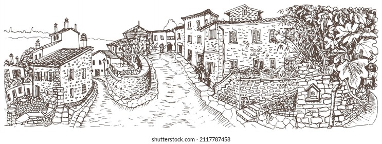 Vector traced sketch of an ancient street buildings in the small European southern town. Black and white illustration for coloring book page