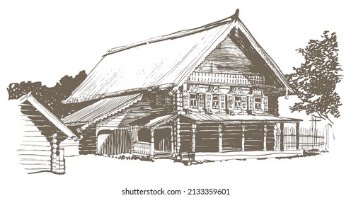 Vector traced Vintage ink and pen sketch of wooden Russian north house. Landscape with the ancient street building in the architectural museum