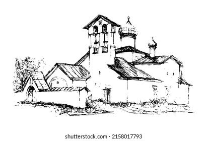 Esbozo vectorial de paisaje vintage, la antigua iglesia de estilo tradicional ruso, dibujada a lápiz