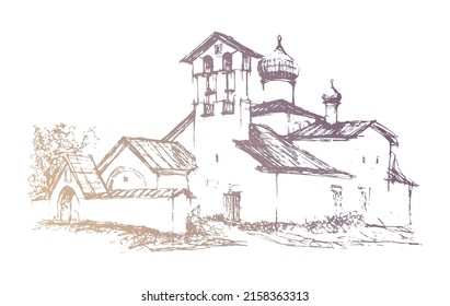 Vector traced vintage landscape sketch, the ancient church in traditional architectural Russian style