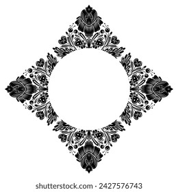 Vector tracery black floral frame for Valentines day. Decorative monochrome folk art card with flowers, hearts and stems with foliage and copy space for invitation and your creativity