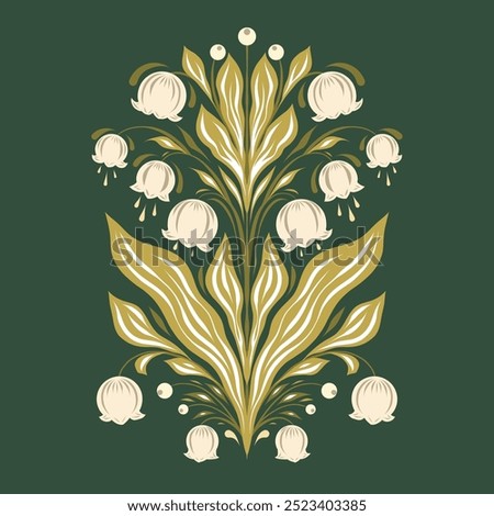 Vector tracery illustration of lilies of the valley in flat style. Floral symmetrical arrangement on a dark green background. Decorative spring flowers for postcards