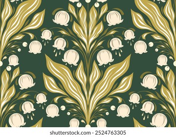 Patrón de tracería de Vector con lirios del valle. Textura con arreglo floral simétrico sobre fondo verde oscuro. Diseño de superficie decorativa con flores de primavera para Fondo de pantalla y tela