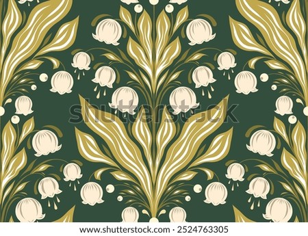 Vector tracery pattern with lilies of the valley. Texture with floral symmetrical arrangement on a dark green background. Decorative surface design with spring flowers for wallpaper and fabric