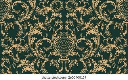 Vector tracery vintage seamless pattern. Ornament with yellow silhouette of floral curls on green background. Baroque texture for wallpaper and wrapping paper.