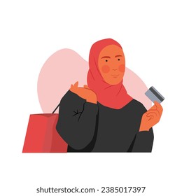 Vector tracing of happy muslim woman wearing hijab carrying shopping bags on black Friday paying with credit card