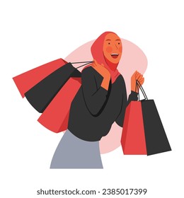 Vector tracing of happy muslim woman wearing hijab carrying lots of shopping bags on black Friday event