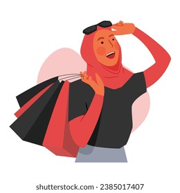 Vector tracing of happy muslim woman wearing sunglasses and hijab carrying lots of shopping bags on black Friday event