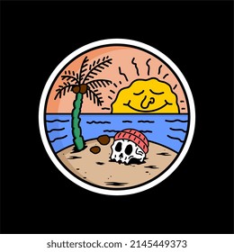 Vector Tracing illustration of skull head and smile sun tropical . Can be used as Logo, Brands, Mascots, tshirt, sticker,patch and Tattoo design.