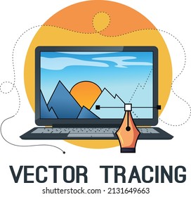 Vector tracing an incomplete landscape clipart with a pen tool showing the process of designing graphics. Can be used as a logo or sticker for designers. PNG laptop in grey color with dotted arriw