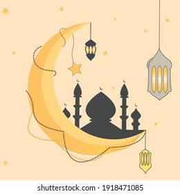 trazado vectorial de la mezquita de silueta en la luna y la linterna. se puede usar como afiche, fondo, papel pintado y tarjeta de saludo