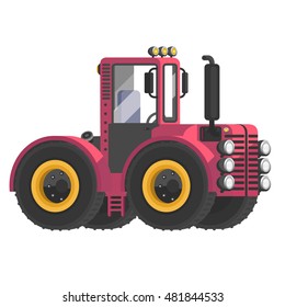 Vector tractor. Agricultural transport. Big wheels. Self-moving car. Farmer equipment. Vector car.