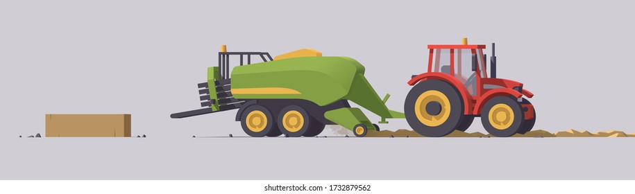 Vector tractor & big square baler. Straw baling. Isolated illustration	
